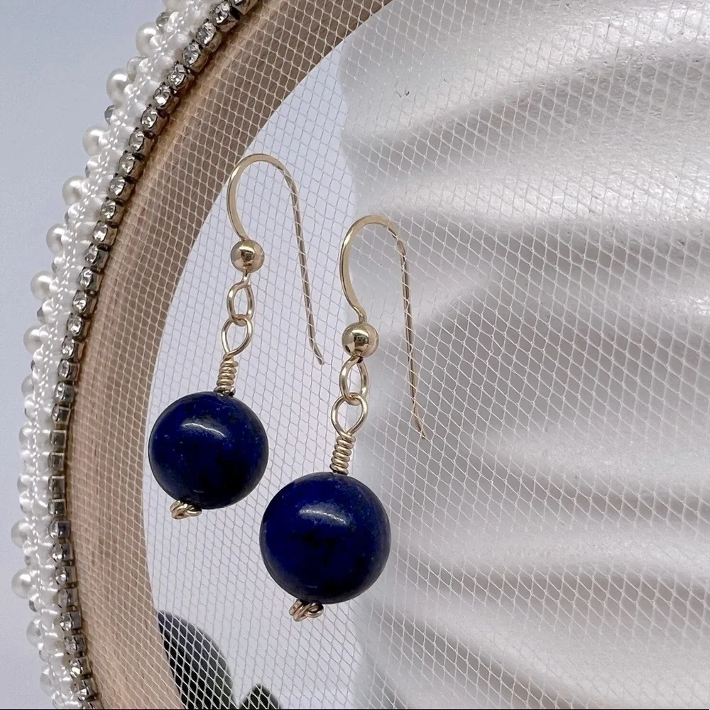 Artisan Blue Lapis Gold Wire Wrap Drop Earrings